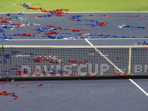 Tennis court net displaying Davis Cup name