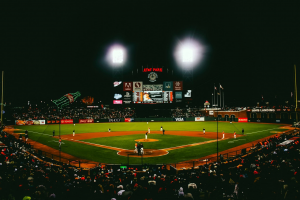 Baseball game taking place in a stadium