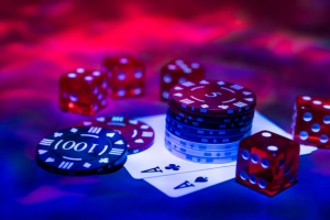 Casino and poker themed image on red background