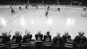 A group of ice hockey players practicing