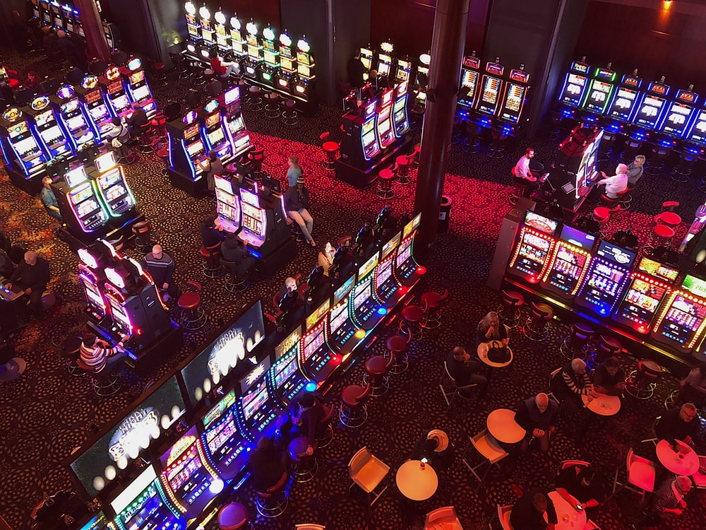 Overhead shot of the machines and customers at a land-based casino