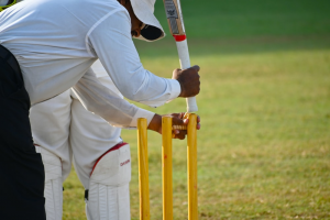 An umpire fixing the stumps on a yellow wicket