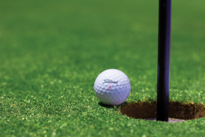 A golf ball and a hole in the golf course
