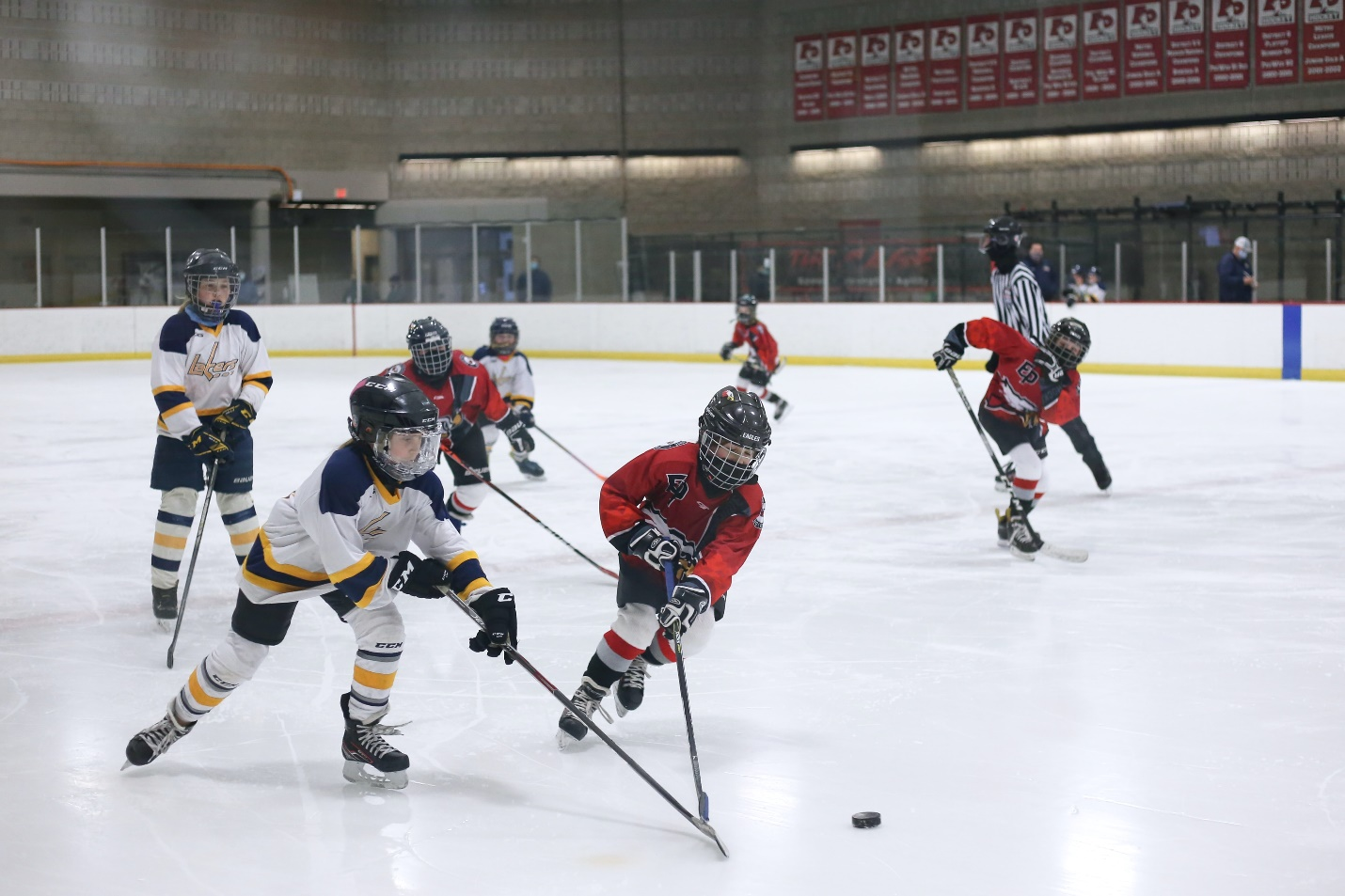 Two teams playing ice hockey