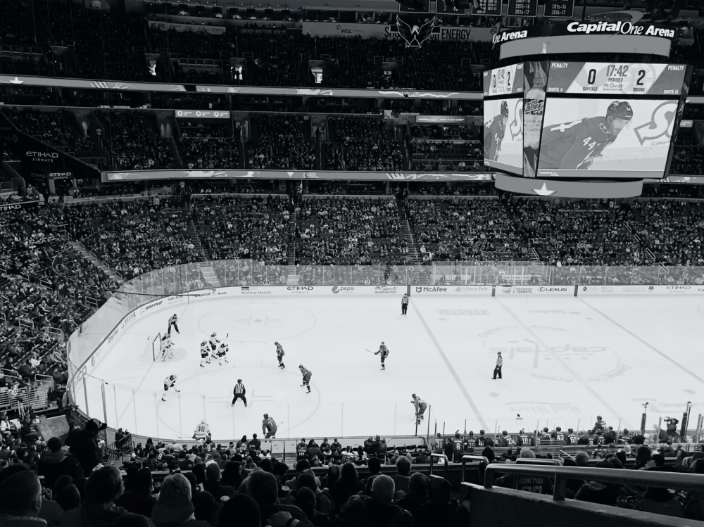 An ice hockey game in a stadium