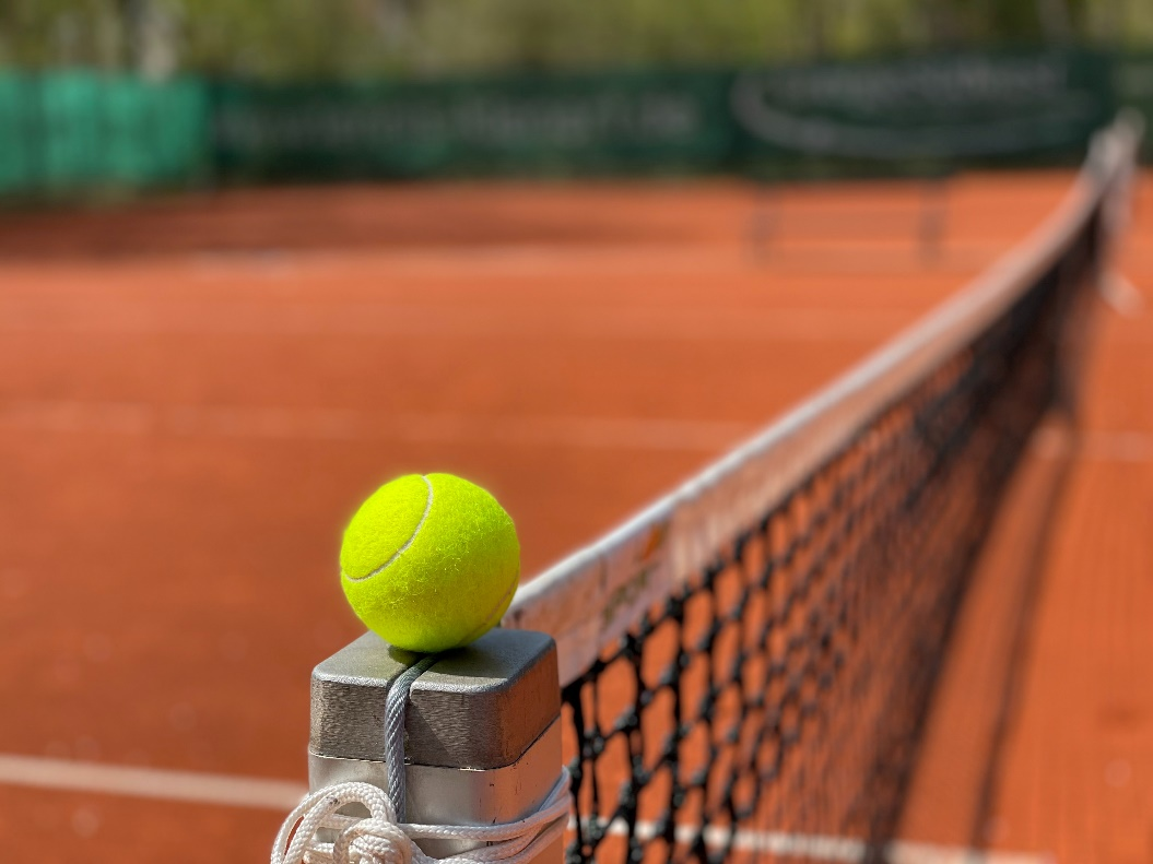 Ball in the foreground of a clay court.