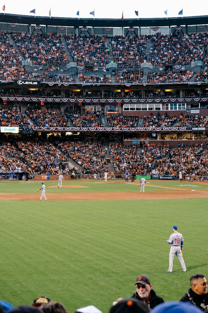 Bleacher view of a baseball stadium.