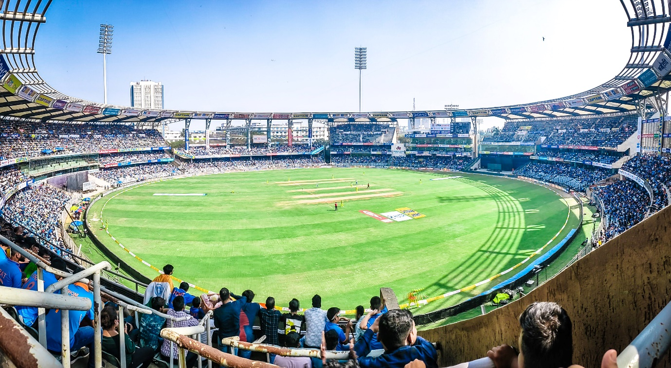 Panoramic view of a cricket stadium.