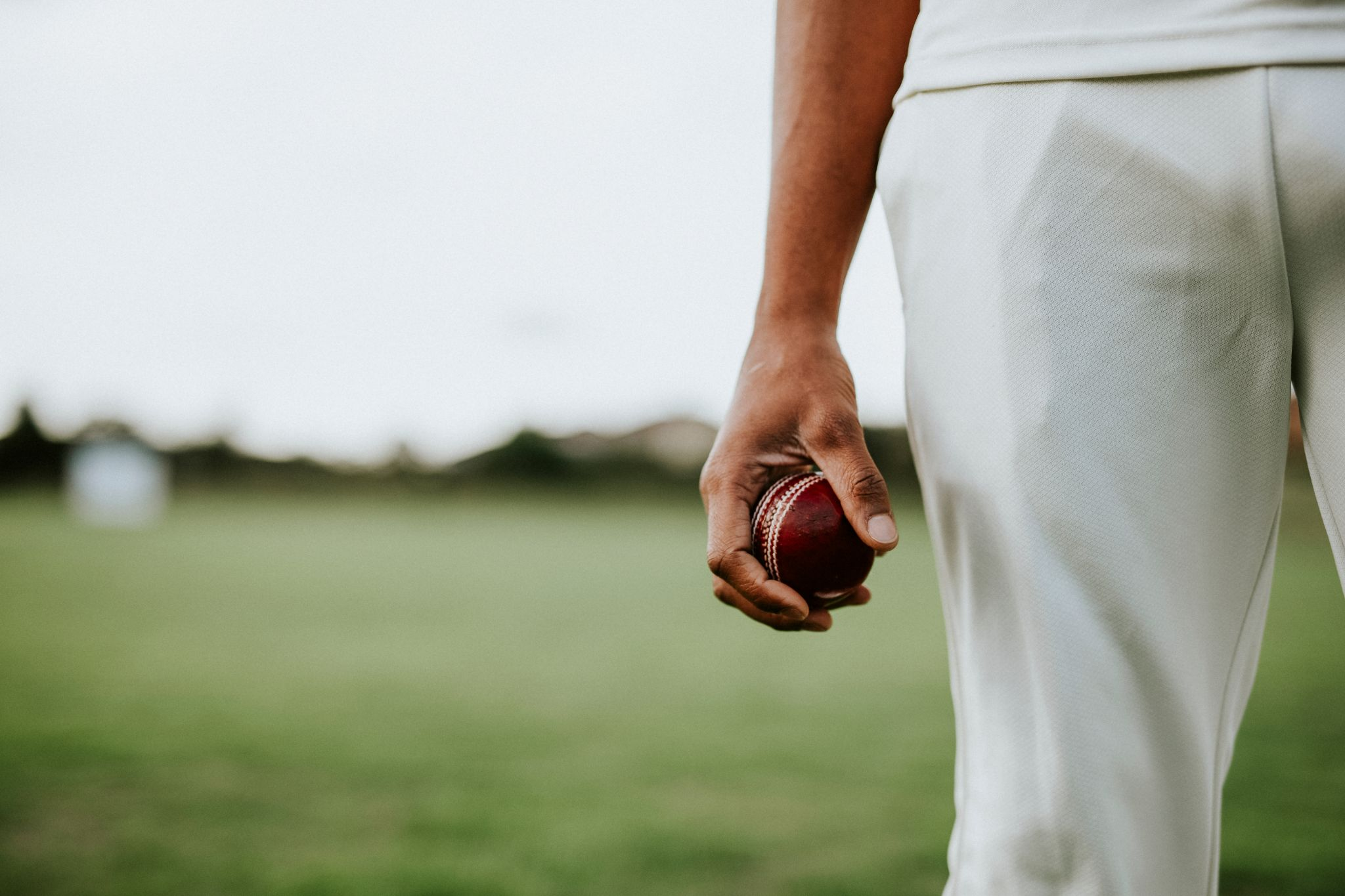 A cricket player holding a leather ball