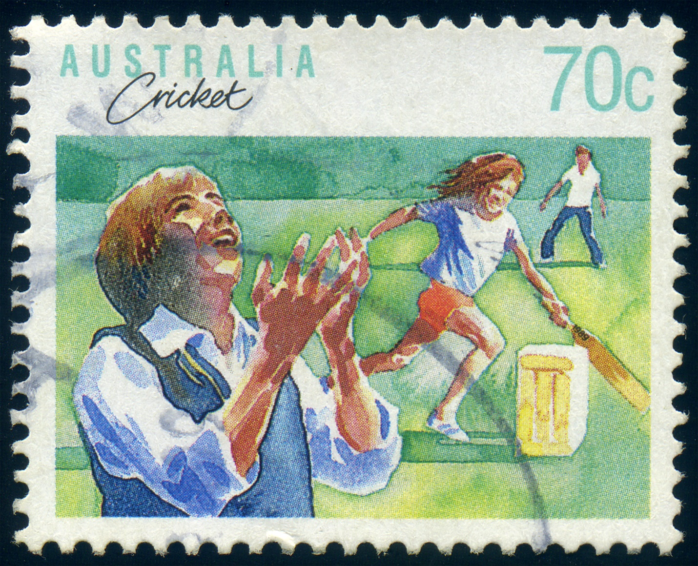 An Australian stamp with women’s cricket illustration