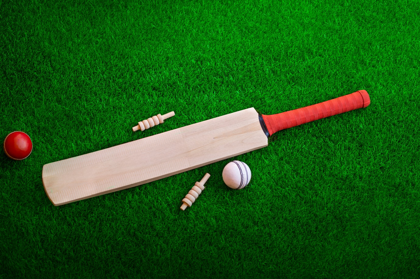 cricket ball and bat placed on the ground