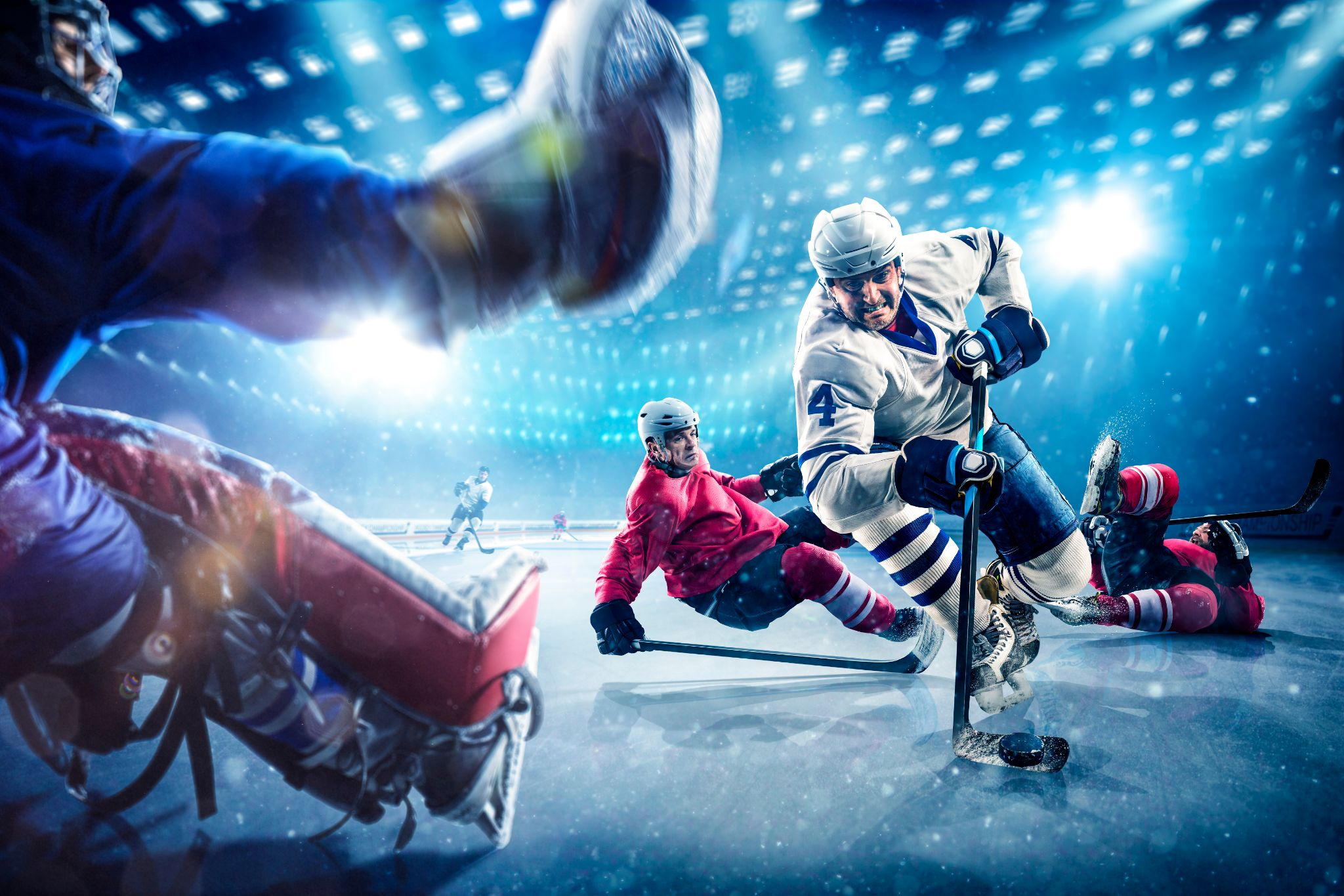 ice hockey players attacking