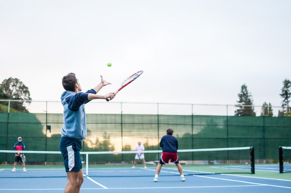 A doubles tennis match