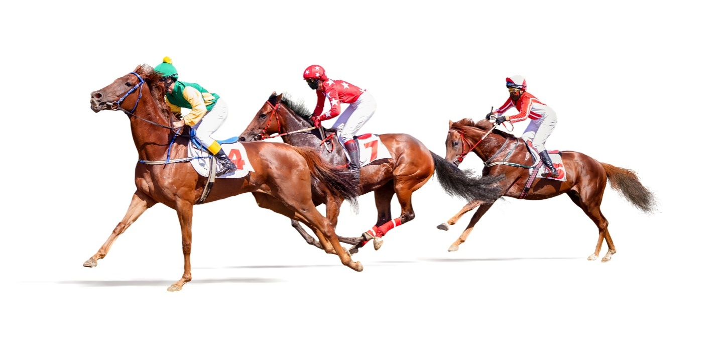 Three jockeys competing in a race