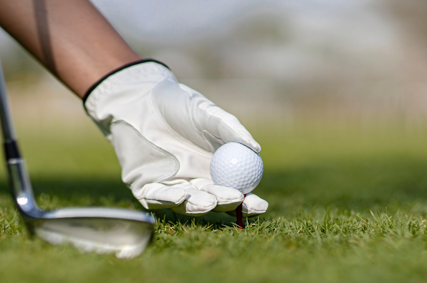 A golfer picking up a golf ball