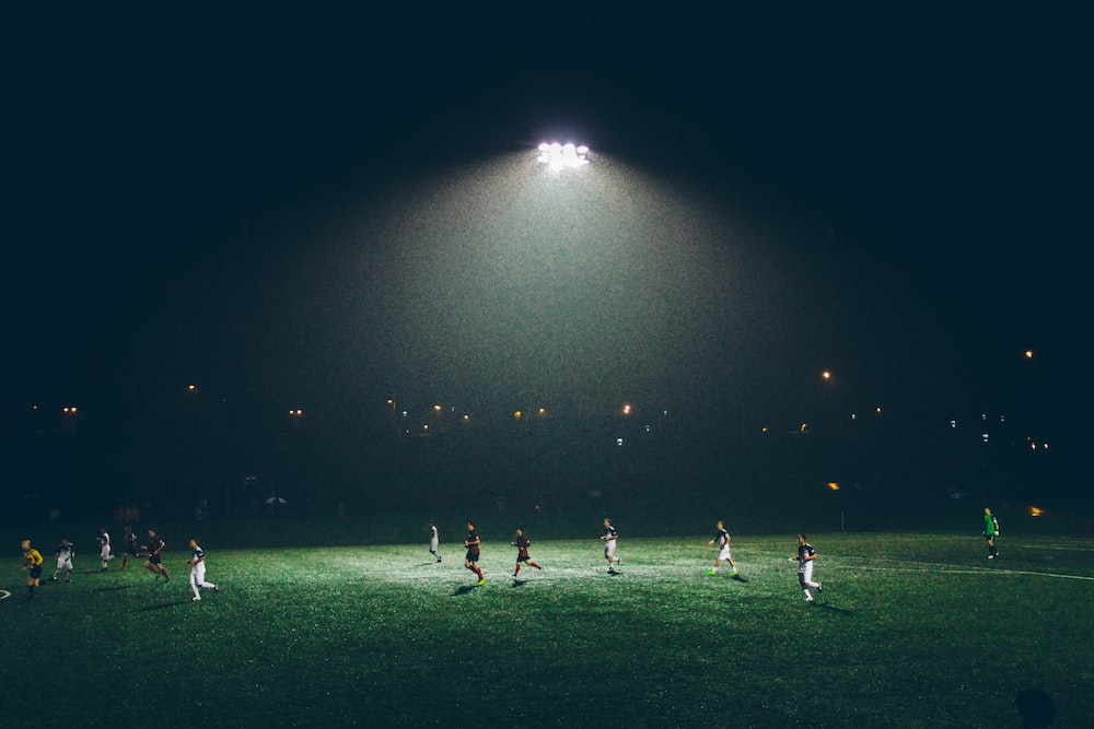 A nighttime soccer match